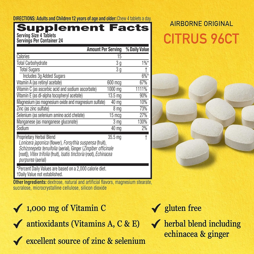 Airborne 1000mg Vitamin C Chewable Tablets Citrus & Very Berry Flavor Bundle - Immune Support Supplement with Zinc and Powerful Antioxidant Vitamins A C & E, (2x96ct bottles)* 4