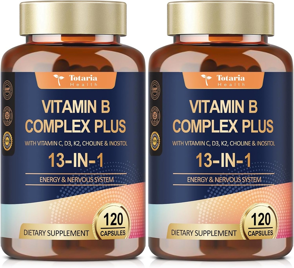 13-in-1 Vitamin B Complex Plus with Vitamin B1, B2, B3 (Niacin), B4, B5, B6, B7 (Biotin), B8 (Inositol), B9 (Folate), B12, C, D3, K2 for Energy, Nerve, Immune, Skin - 120 Caps per Bottle - 2 Bottles 2