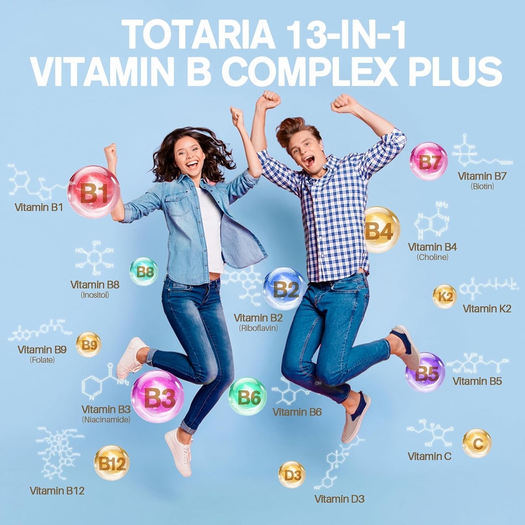 13-in-1 Vitamin B Complex Plus with Vitamin B1, B2, B3 (Niacin), B4, B5, B6, B7 (Biotin), B8 (Inositol), B9 (Folate), B12, C, D3, K2 for Energy, Nerve, Immune, Skin - 120 Caps per Bottle - 2 Bottles 3