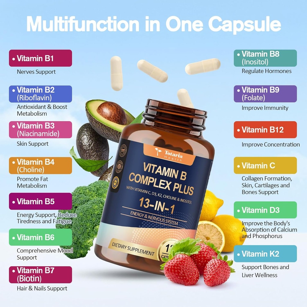 13-in-1 Vitamin B Complex Plus with Vitamin B1, B2, B3 (Niacin), B4, B5, B6, B7 (Biotin), B8 (Inositol), B9 (Folate), B12, C, D3, K2 for Energy, Nerve, Immune, Skin - 120 Caps per Bottle - 2 Bottles 4
