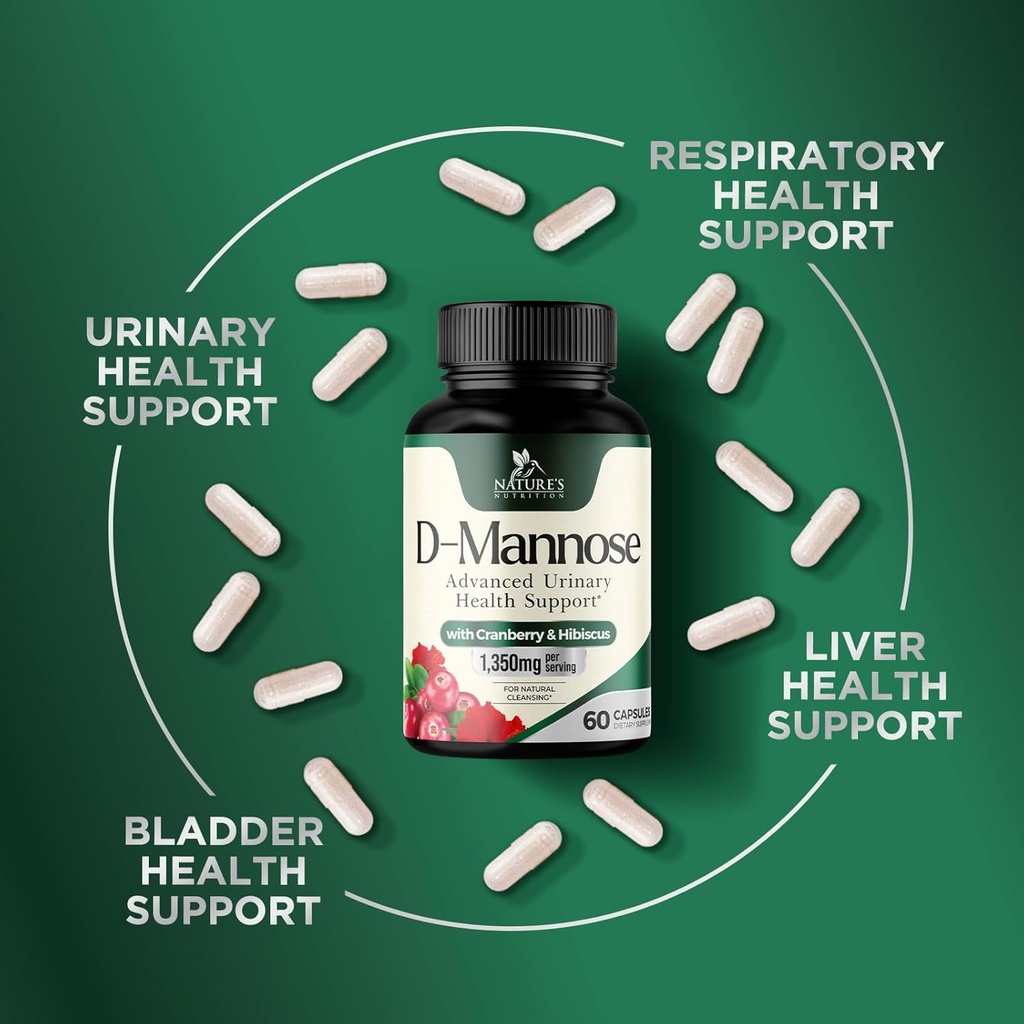 D-Mannose Supplement 1,350 mg with Cranberry & Hibiscus - Effective Fast-Acting, Flush The Impurities for Natural Bladder, Urinary Tract Health Support, for Women and Men, Non-GMO, Vegan, 60 Capsules 6