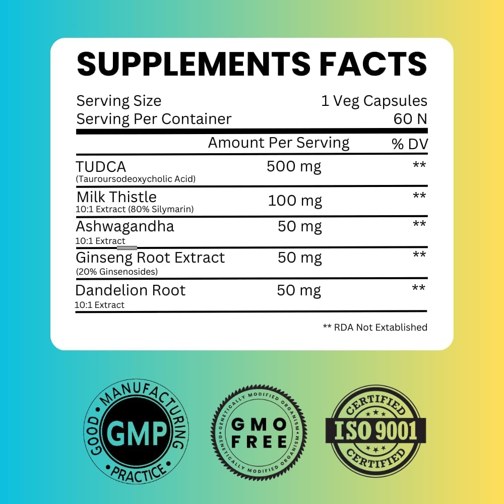 TUDCA (Tauroursodeoxycholic Acid) 750mg - 5 in 1 with Milk Thistle, Ashwagandha, Dandelion and Ginseng - 60 Servings 3