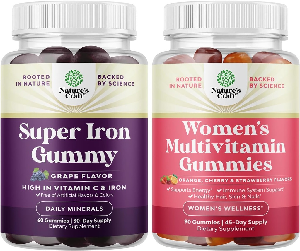 Bundle of Extra Strength Iron Gummies for Women and Men with Vitamin C for Higher Absorption, and Delicious Daily Multivitamin for Adults Energy and Immunity - Vitamins for Women's Health and Wellness 2