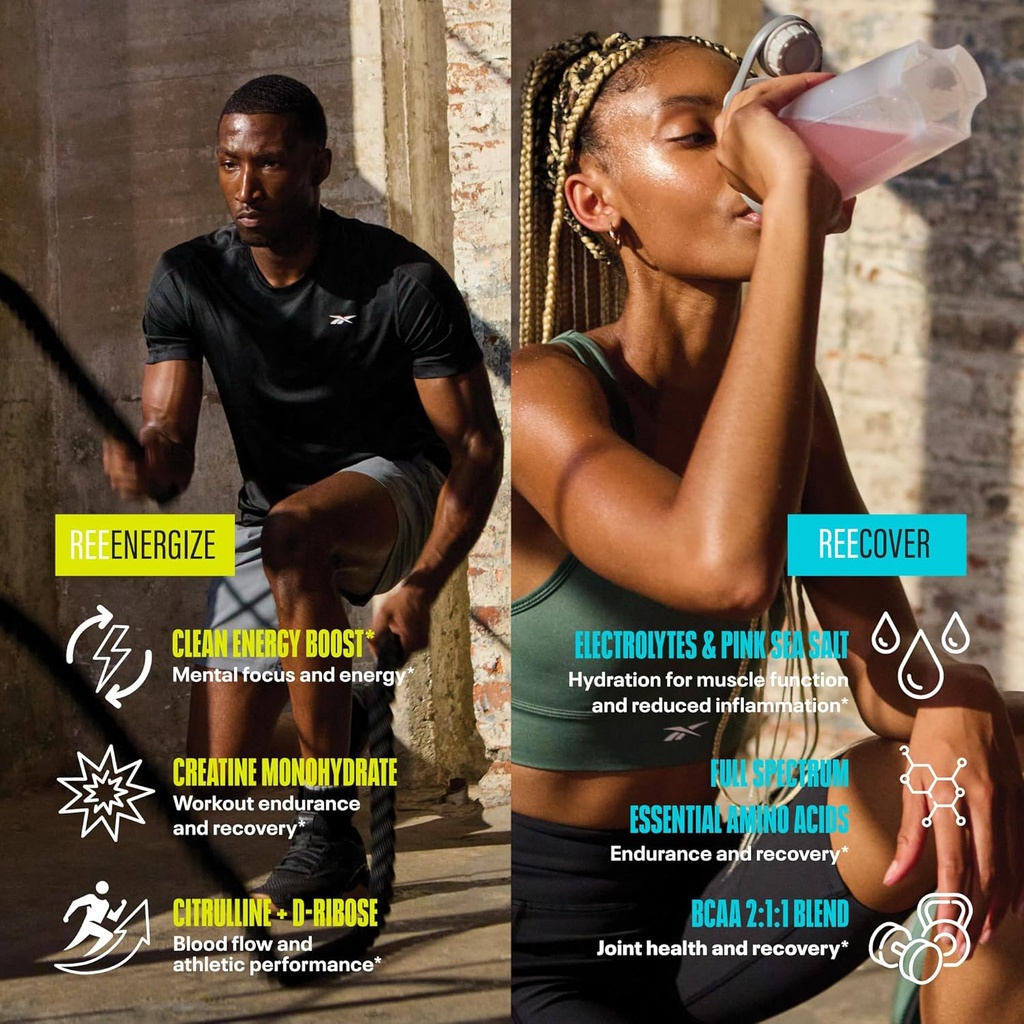Reebok REEEnergize & REECover Bundle | Pre-Workout + BCAA Recovery System | Watermelon Crush & Strawberry Lemonade | Train & Recover Pack 6