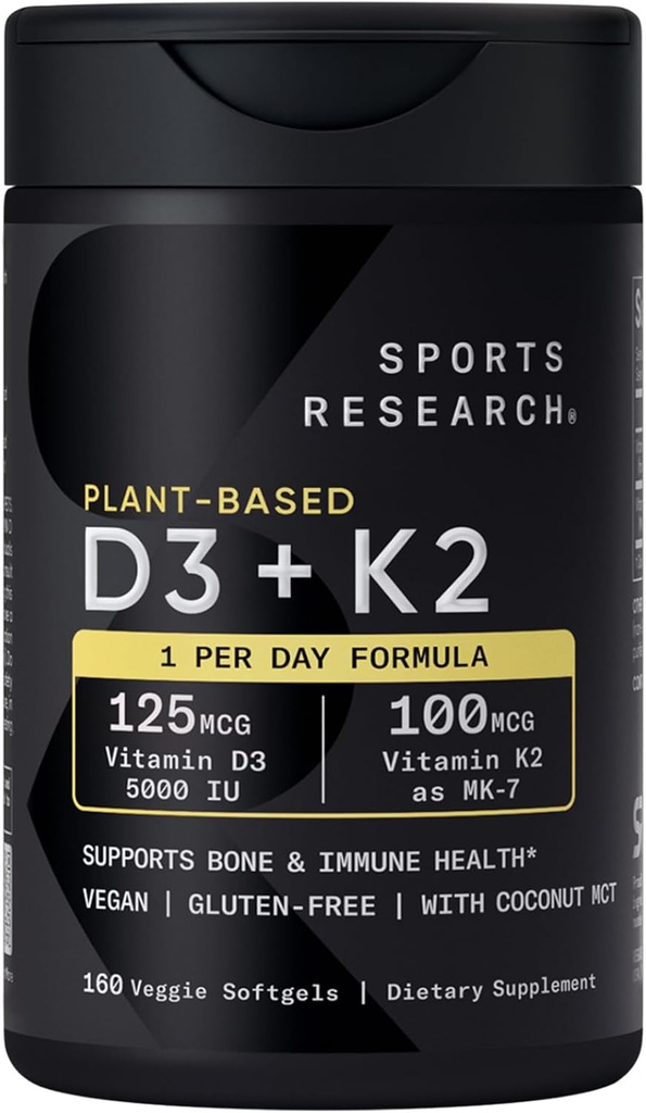 Sports Research Vitamin D3 K2 with 5000iu of Plant-Based D3 & 100mcg of Vitamin K2 as MK-7, Non-GMO Verified & Vegan Certified - 160 Liquid Softgels 2