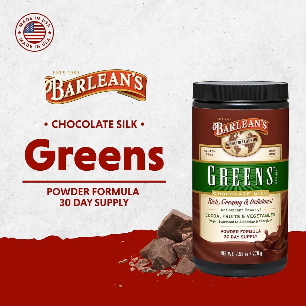 Barlean's Chocolate Greens Powder, Daily Fruit and Vegetable Superfood Supplement, Green Antioxidant Blend and Fiber Smoothie Drink Mix, 9.52 oz 4