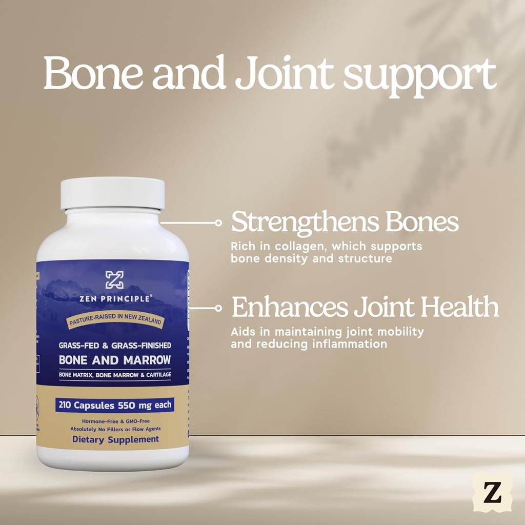 Zen Principle Grass Fed Beef Bone Marrow Supplement, 3300mg. Skin, Oral Health, and Joint Support. Promotes Whole-Body Wellness. Whole Bone Extract, 210 Capsules. 4