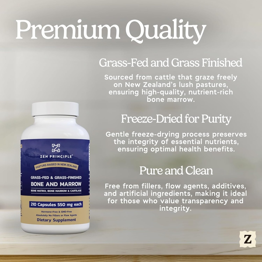 Zen Principle Grass Fed Beef Bone Marrow Supplement, 3300mg. Skin, Oral Health, and Joint Support. Promotes Whole-Body Wellness. Whole Bone Extract, 210 Capsules. 6