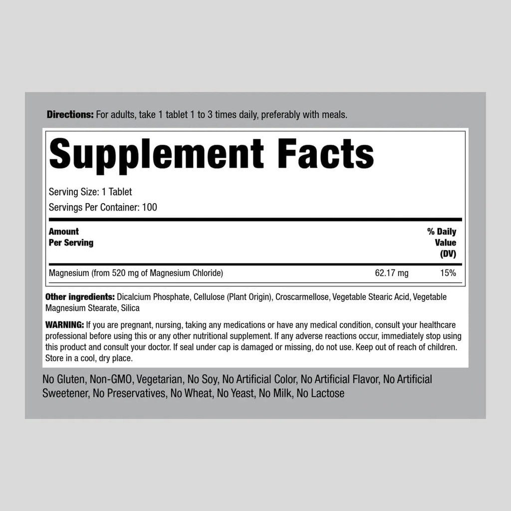 Piping Rock Magnesium Chloride | 520mg | 100 Tablets | Vegetarian, Non-GMO, Gluten Free Supplement 3