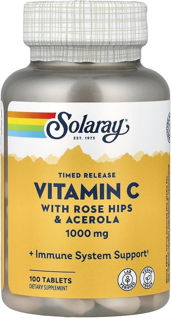 SOLARAY Vitamin C 1000mg Timed Release Capsules with Rose HIPS & Acerola Bioflavonoids, Two-Stage for High Absorption & All Day Immune Function Support, 60 Day Guarantee (100 Servings, 100 Tablets) 2