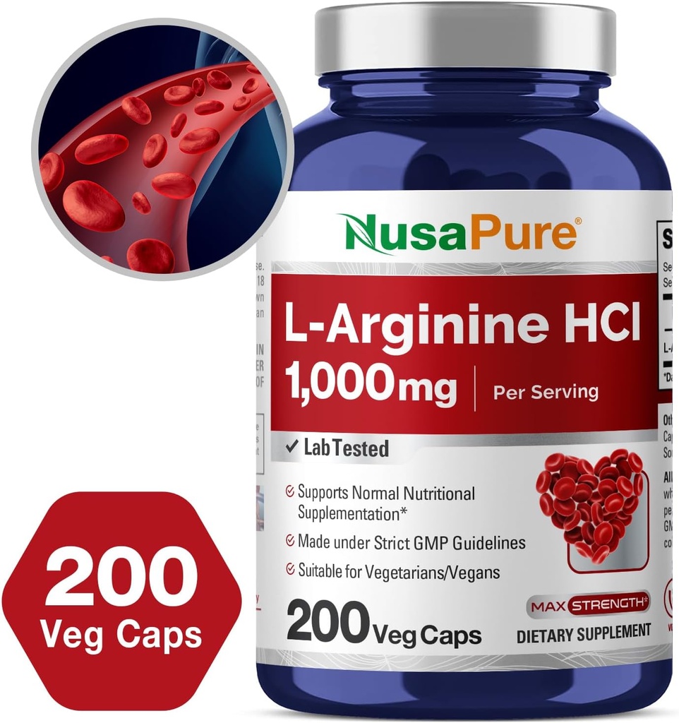 NusaPure L-Arginine 1000 mg 200 Veggie Capsules (Non-GMO, Vegetarian, Vegan) 5