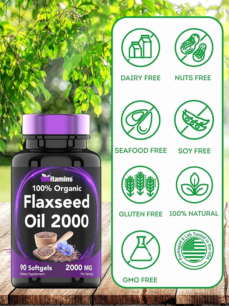 tnvitamins Organic Flaxseed Oil Softgels: 2000 mg - 90 Softgels | High in Omega-3 Fatty Acids | Flaxseed Oil Supplement for Women & Men | Non-GMO 6