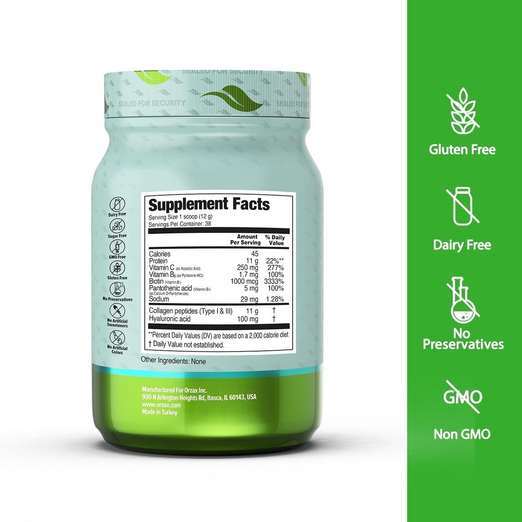 ORZAX Collagen Peptides Powder - 11 g Collagen Type I & III, Biotin & Hyaluronic Acid, 16 oz (Unflavored) 3