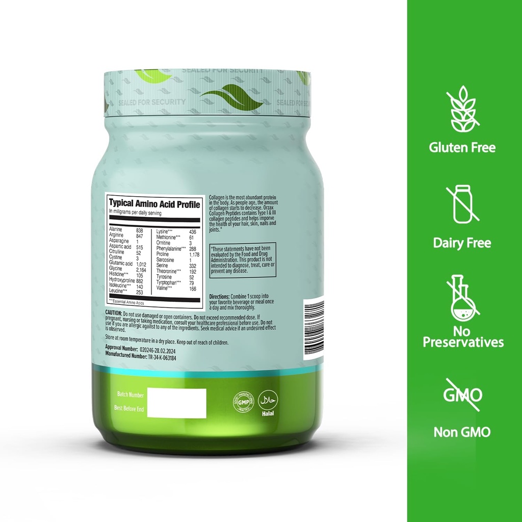 ORZAX Collagen Peptides Powder - 11 g Collagen Type I & III, Biotin & Hyaluronic Acid, 16 oz (Unflavored) 4