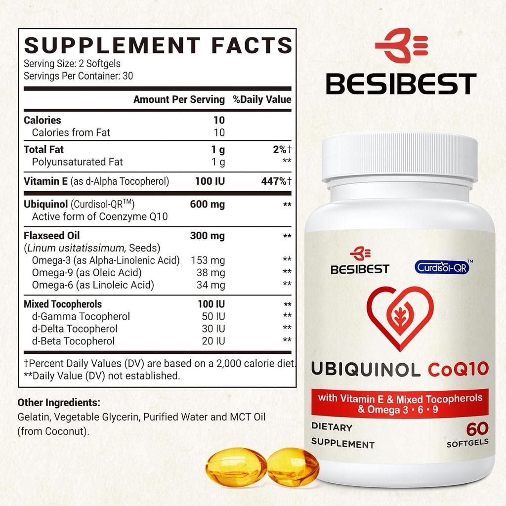 Ubiquinol CoQ10-600mg-Softgel, Active Coq10 Ubiquinol Supplement with Vitamin E & Omega 3, 6, 9, High Absorption-Coenzyme-Q10, Powerful Antioxidant for Energy Production, Tested, 480 Count 4
