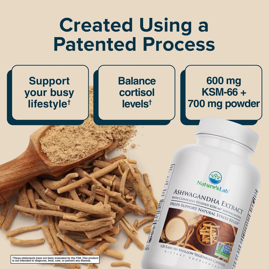 Nature's Lab Extra Strength Ashwagandha KSM 66 Extract - 5% Withanolides, Pure Organic Ashwagandha Root Powder - Supports Stress Relief, Focus and Strength Support* - 120 Ct (60 Day Supply) 4