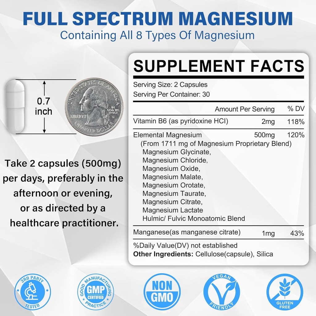 Magnesium Complex Supplement 8 Forms, 500mg Magnesium Glycinate, Malate, Citrate, High Absorption Mg for Calm, Sleep, Mood & Healthy Muscle, Pack of 2, Total 120 Vegan Capsules 3