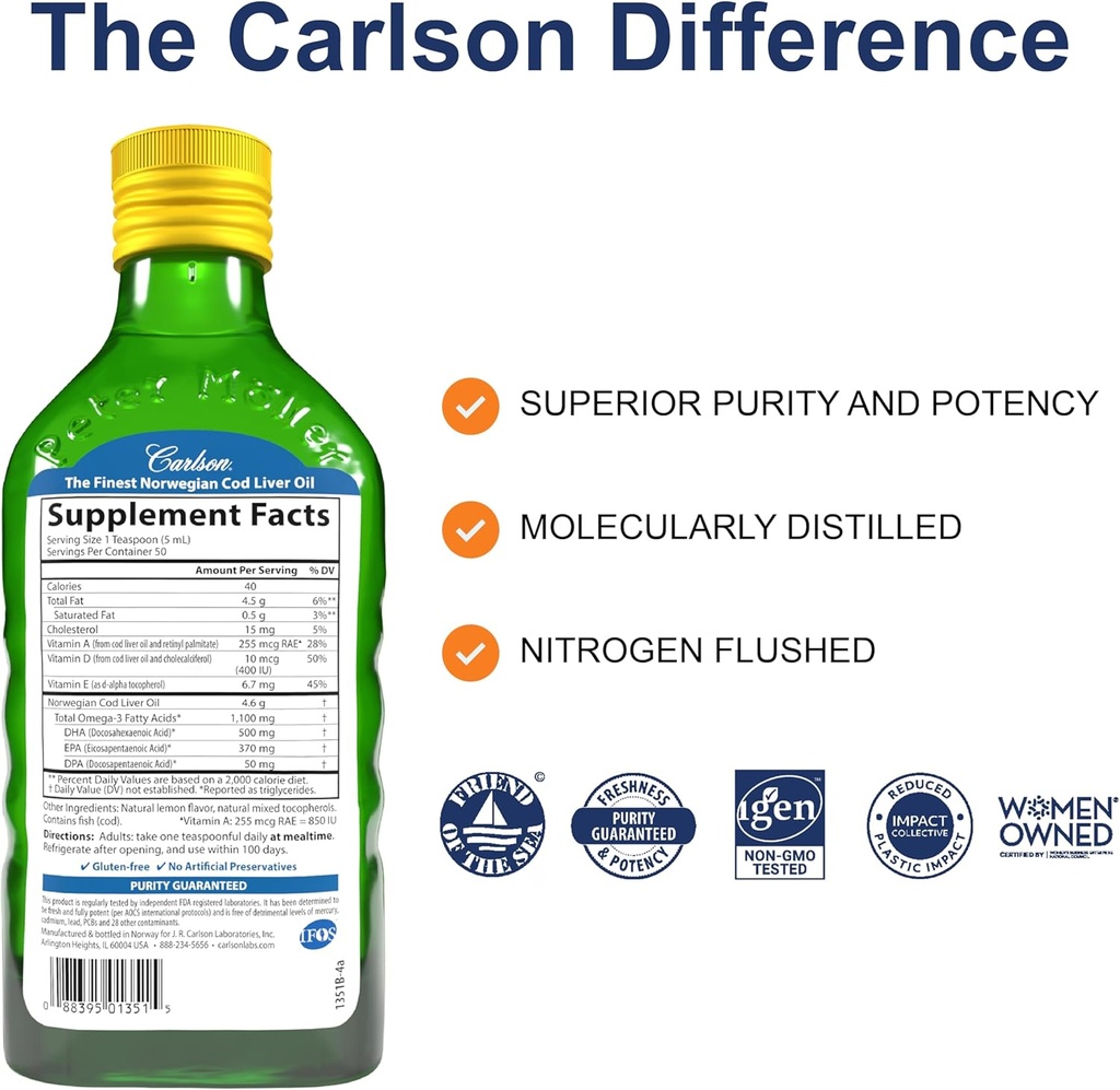 Carlson - Cod Liver Oil, 1100 mg Omega-3s, Liquid Fish Oil Supplement, Wild-Caught Norwegian Arctic, Sustainably Sourced Nordic Liquid, Lemon, 250 ml 3