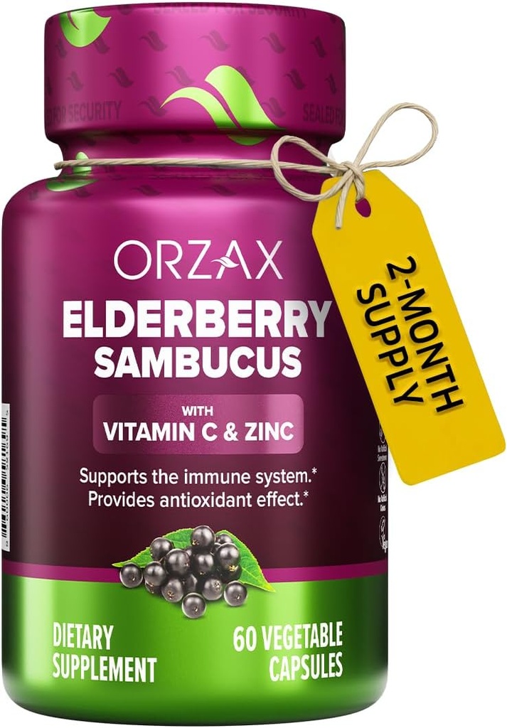ORZAX Elderberry Capsules - Immune Support Supplement with Elderberry Vitamin C and Zinc - Antioxidants Supplement for Women and Men (60 Vegetable Capsules) 2