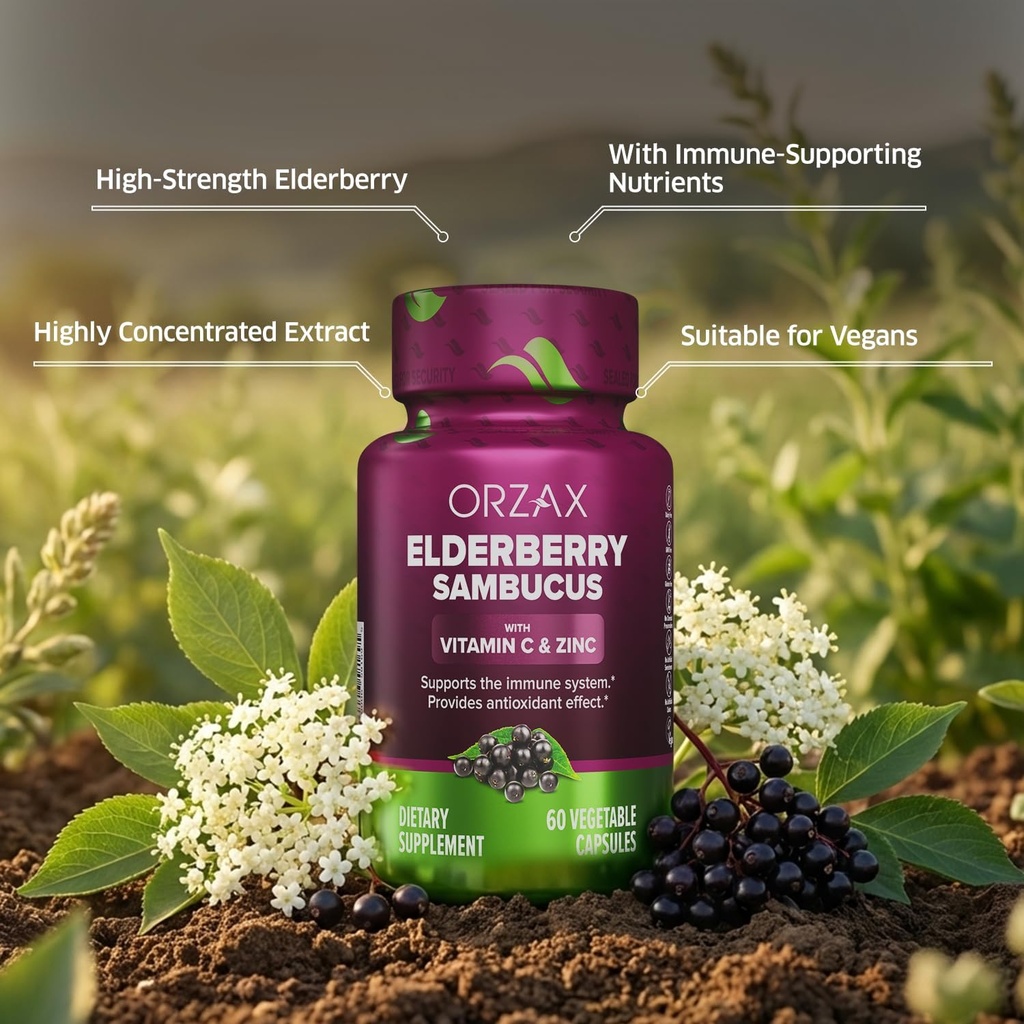 ORZAX Elderberry Capsules - Immune Support Supplement with Elderberry Vitamin C and Zinc - Antioxidants Supplement for Women and Men (60 Vegetable Capsules) 4