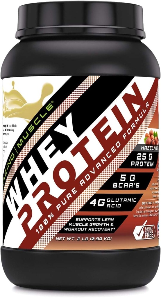 Amazing Muscle Whey Protein Isolate & Concentrate 25 G per Serving Supplement | Hazelnut Flavor | 2 Lb (0.90 Kg) | Non-GMO | Gluten-Free 2