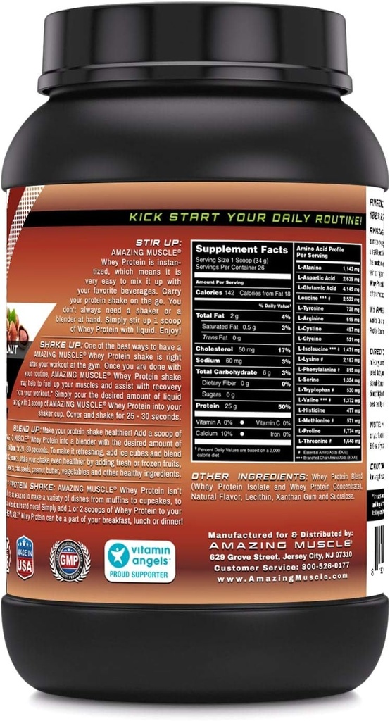 Amazing Muscle Whey Protein Isolate & Concentrate 25 G per Serving Supplement | Hazelnut Flavor | 2 Lb (0.90 Kg) | Non-GMO | Gluten-Free 3