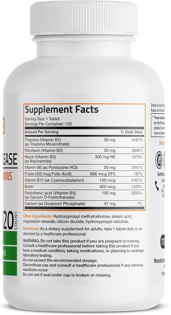 Bronson Super B Vitamin B Complex Sustained Slow Release (Vitamin B1, B2, B3, B6, B9 - Folic Acid, B12) Contains All B Vitamins 120 Tablets 3