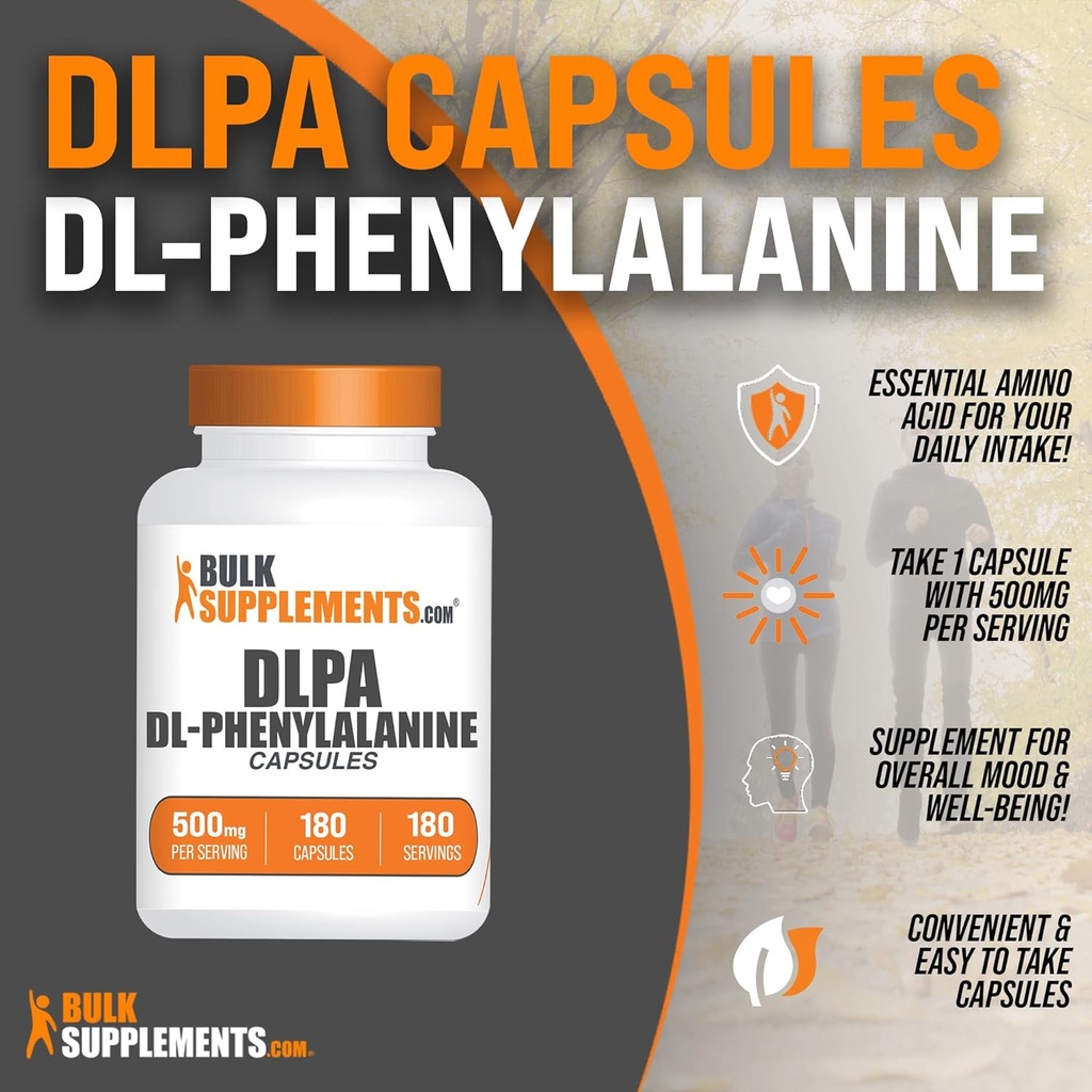 BulkSupplements.com DL-Phenylalanine Capsules - DLPA Capsules, DL-Phenylalanine 500mg - DLPA Supplements, Amino Acid Supplement - Gluten Free, 1 Capsule per Serving, 180 Capsules 3