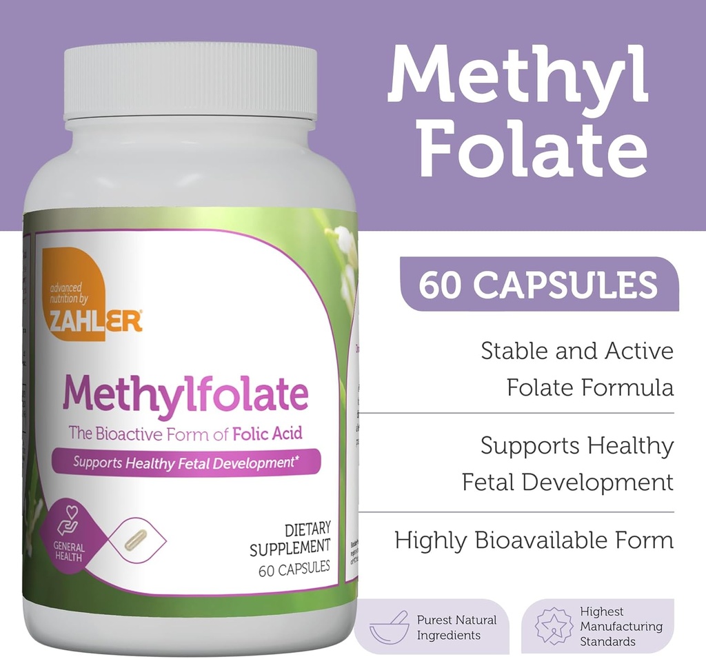 Zahler Methylfolate - Supports Healthy Fetal Development and Genetic Health - Methylated Folic Acid from 1000 mcg DFE L-Methylfolate - Kosher Non GMO Methyl Folate Supplement for Women (60 Capsules) 3