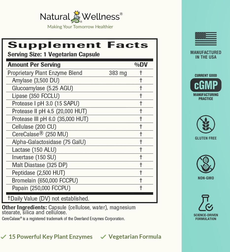 Natural Wellness Digestive Enzymes – Comprehensive Enzyme Blend for Healthy Digestion, Nutrient Absorption & Relief from Gas, Bloating & Indigestion – 60 Vegetarian Capsules 3