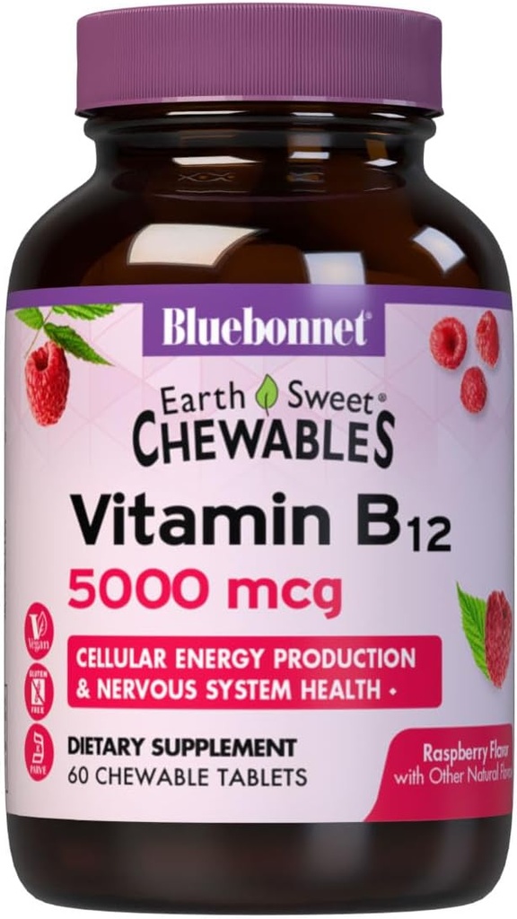 BlueBonnet Nutrition Earth Sweet Vitamin B12 5000 mcg Chewable Tablets, Soy-Free, Gluten-Free, Kosher Certified, Dairy-Free, Vegan, Raspberry Flavored, 60 Chewable Tablets, 60 Servings 2