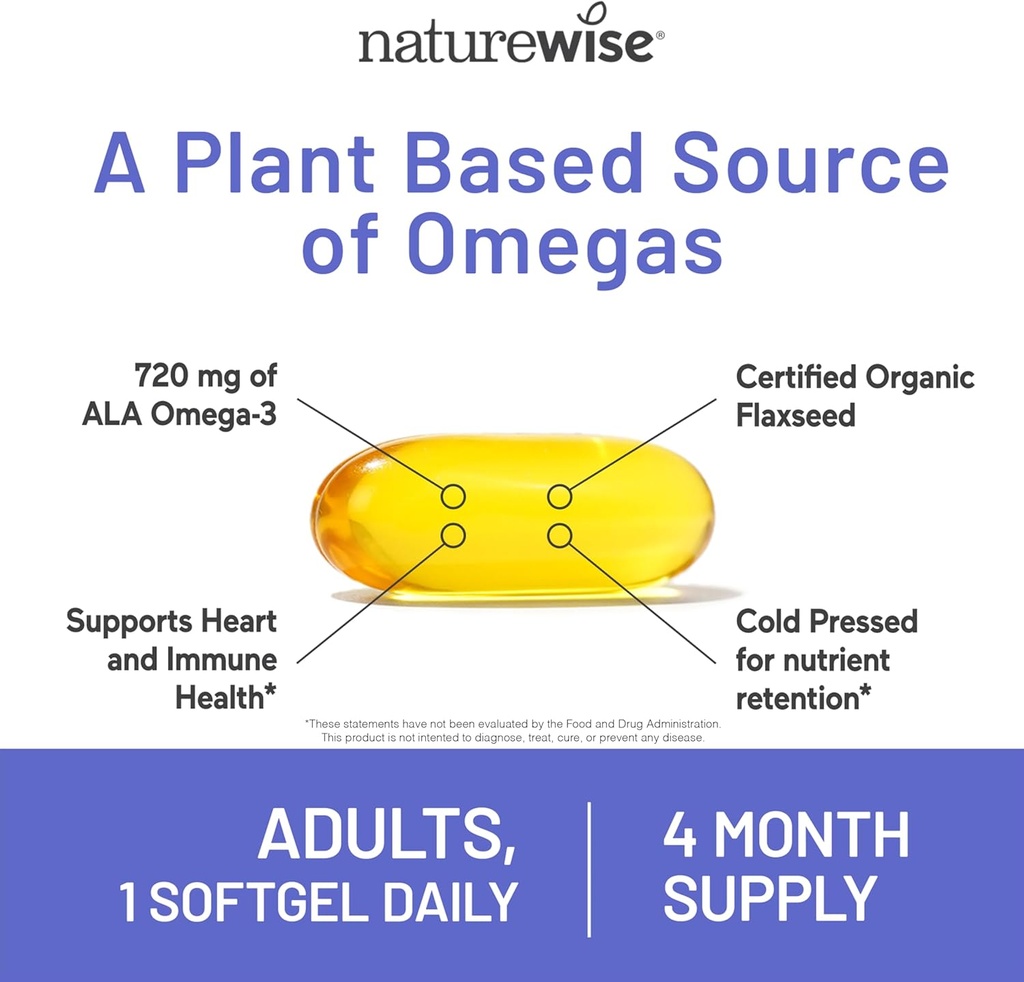 NatureWise Flaxseed Oil 1200 mg, Fish Free Omega 3 6 9 with 720mg ALA, Dietary Supplement for Heart Health Support - Organic, Cold Pressed, Non-GMO - 120 Softgels[4-Month Supply] 6