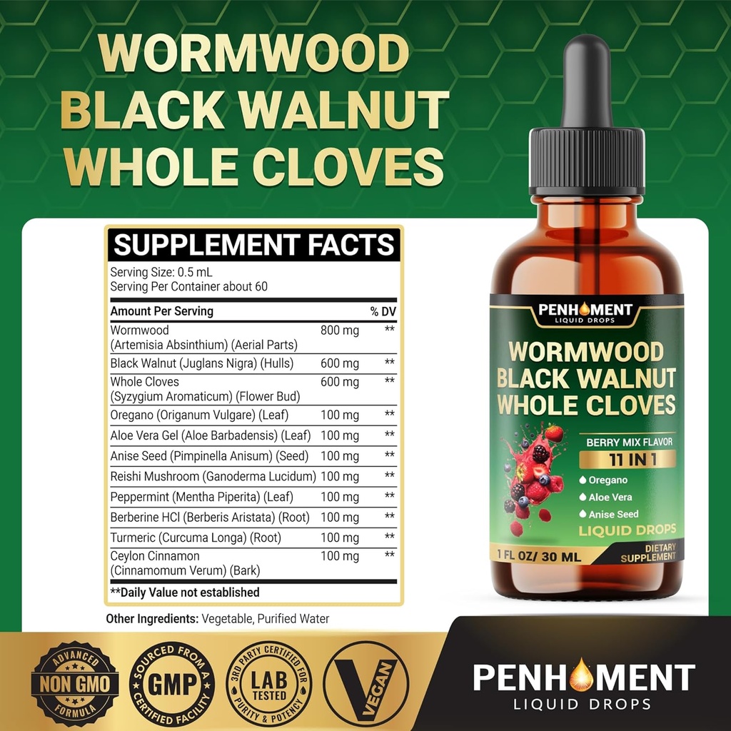 10in1 Wormwood Tincture - Black Walnut, Whole Cloves, Reishi Mushroom & 4 More - Wormwood Liquid Drops - 1 FL OZ for 2 Months Supply - Berry Mix Flavor 3