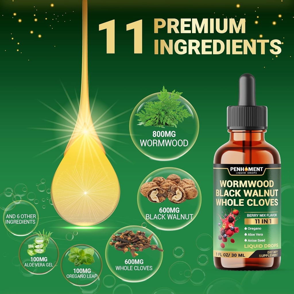 10in1 Wormwood Tincture - Black Walnut, Whole Cloves, Reishi Mushroom & 4 More - Wormwood Liquid Drops - 1 FL OZ for 2 Months Supply - Berry Mix Flavor 4