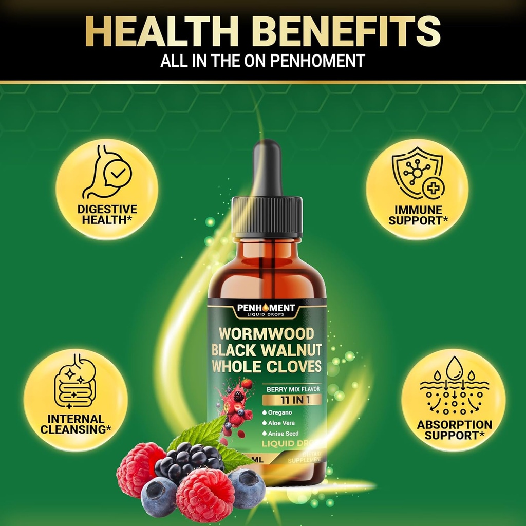 10in1 Wormwood Tincture - Black Walnut, Whole Cloves, Reishi Mushroom & 4 More - Wormwood Liquid Drops - 1 FL OZ for 2 Months Supply - Berry Mix Flavor 5