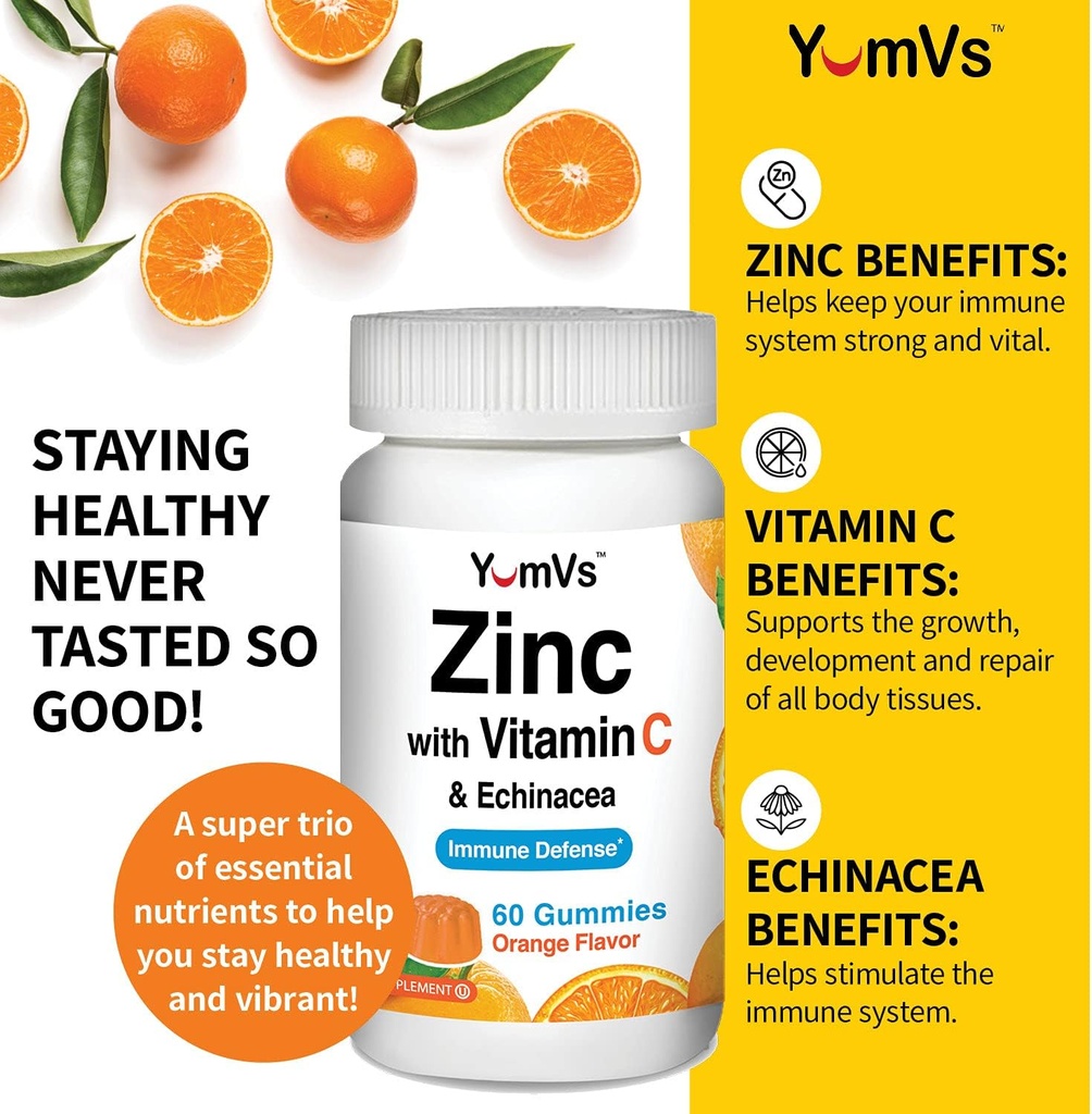 Zinc Vitamin C and Echinacea Gummies for Adults and Kids by YumVs | Chewable Gummy - Vegetarian, Halal, Kosher | Orange Flavor - 60 Count 5