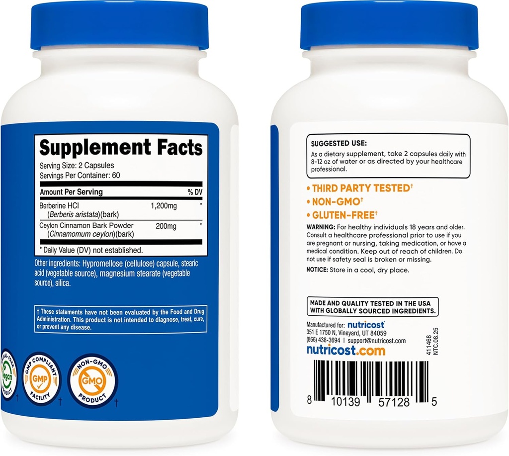 Nutricost Berberine HCl with Ceylon Cinnamon Capsules (120 Capsules, 60 Servings) - Non-GMO, Animal-Free Product 5