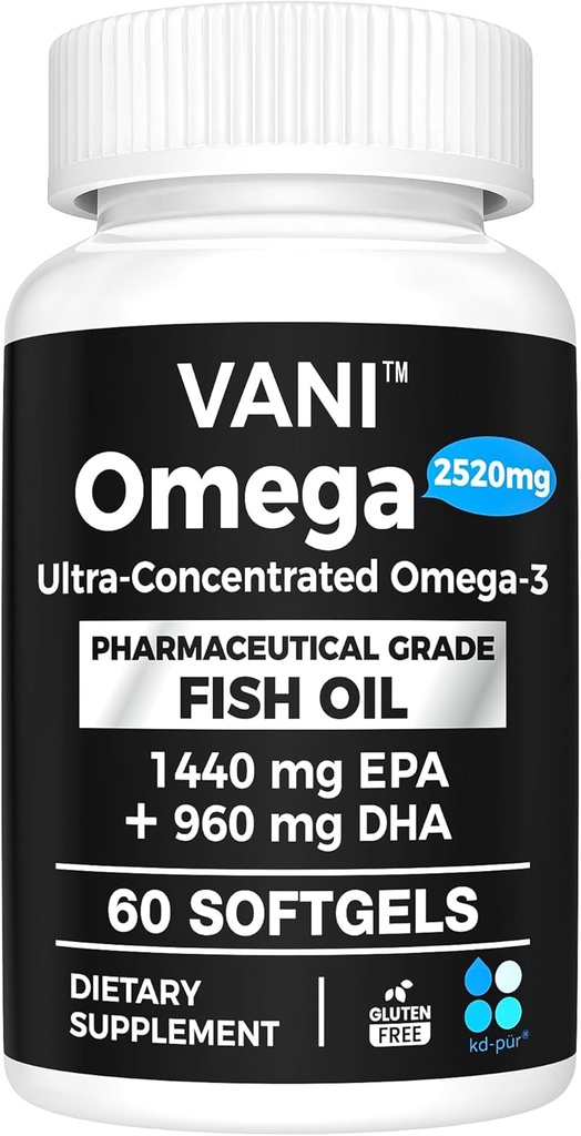 Pharmaceutical Grade Omega 3 Fish Oil, KD-PUR Premium Germany Fish Oil Supplements 2520mg with EPA & DHA- Supports Brain, Heart & Immunity (60 Softgels) 2