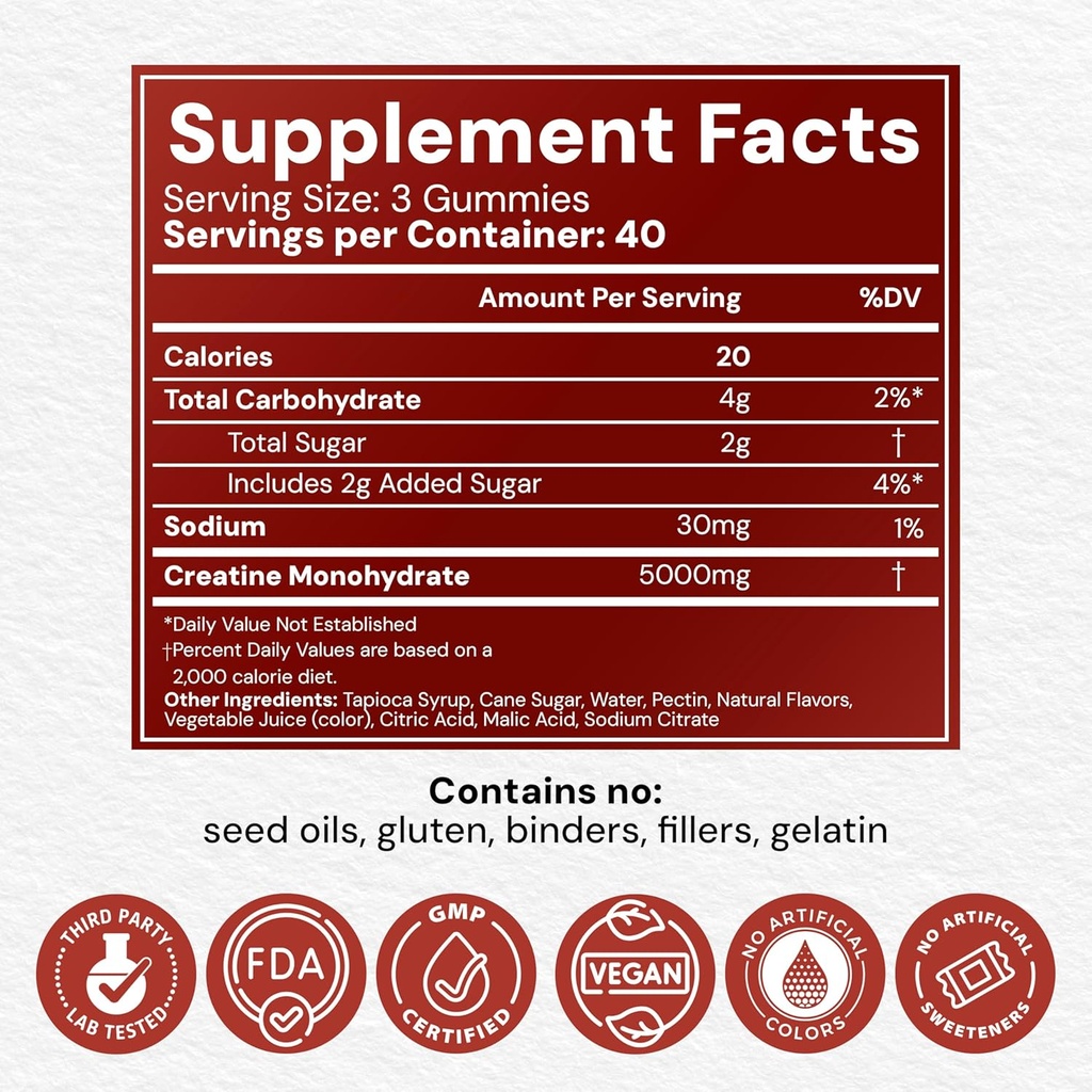 Creatine Monohydrate Gummies 5g - Watermelon Flavored Creatine for Women and Men - Supplement Supports Muscle Gain, Energy, Pre and Post Workout, Focus & Cognition, Recovery (120 count, 40 servings) 5