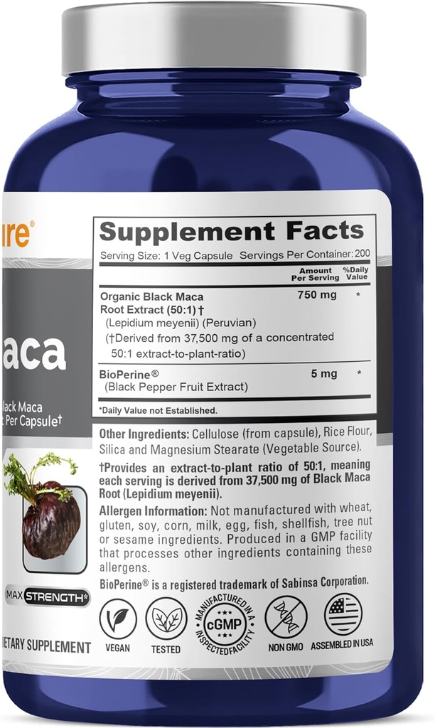 NusaPure Black Maca Root 50:1 Extract, 750 mg Equivalent to 37,500 mg 200 Veggie Per Caps (Vegan, Non-GMO) 3