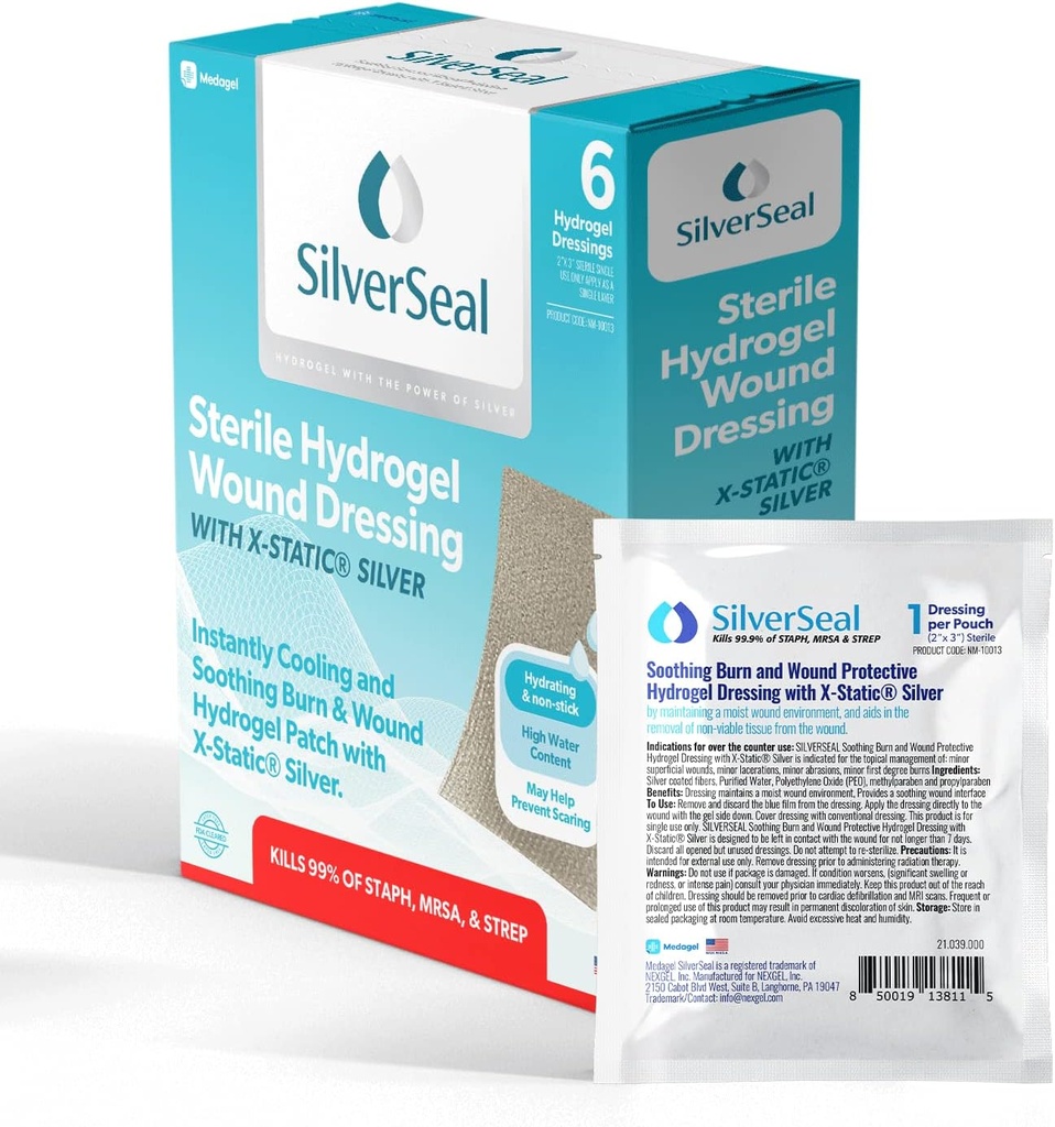 SilverSeal Burn and Wound Dressing, Hydrogel Pads with X-Static Silver, Soothing, Moist & Protective for Burns, Cuts & Wounds, 2" x 3" Sterile Dressings, 6 Count 3