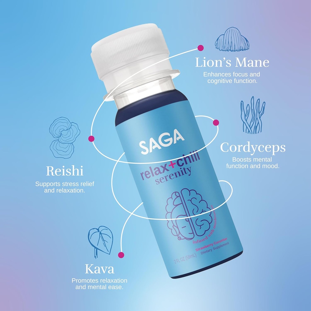 SAGA Serenity Organic Relaxation Shots with Kava, Lion’s Mane & Reishi | Fast-Acting Mushroom & Adaptogen Drink for Calm, Stress Relief & Mood Support | Vegan, Travel Size | Strawberry Cucumber 4