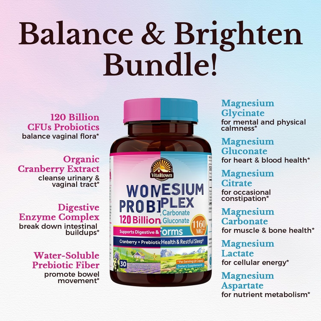 Vitalitown Probiotic + Magnesium Bundle (Pack of 2) | Women's Probiotics (Item 1) & Magnesium Complex (Item 2) | 30 Probiotic Capsules & 120 Magnesium Capsules 4