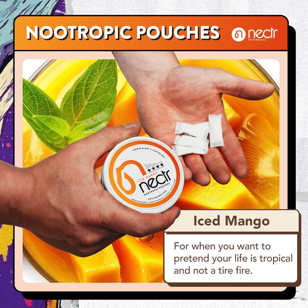 Nectr Energy Nootropic Pouches – Iced Mango Flavored, Caffeine Pouches with Cognizin® Citicoline. Sugar-Free Brain Treats. Smooth, Sustained Focus & Energy Supplement - 1 Puck of 16pcs 4