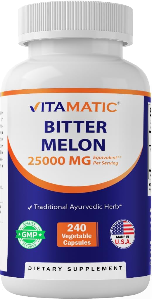 Vitamatic Bitter Melon- 25000 mg Equivalent Per Serving (from 25:1 Extract 1000 mg)- 240 Vegetarian Capsules, and Concentrated 25X Potency 100% Vegetarian, All-Natural and Non-GMO 2