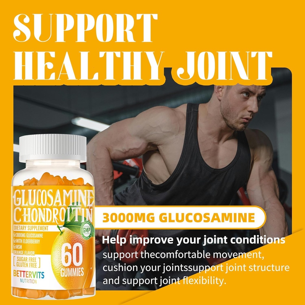 Glucosamine Chondroitin Gummies with MSM & Elderberry Extra Strength - Joint Support, Antioxidant Immune Support Supplement for Adults, Men & Women.60 Orange Gummies 6