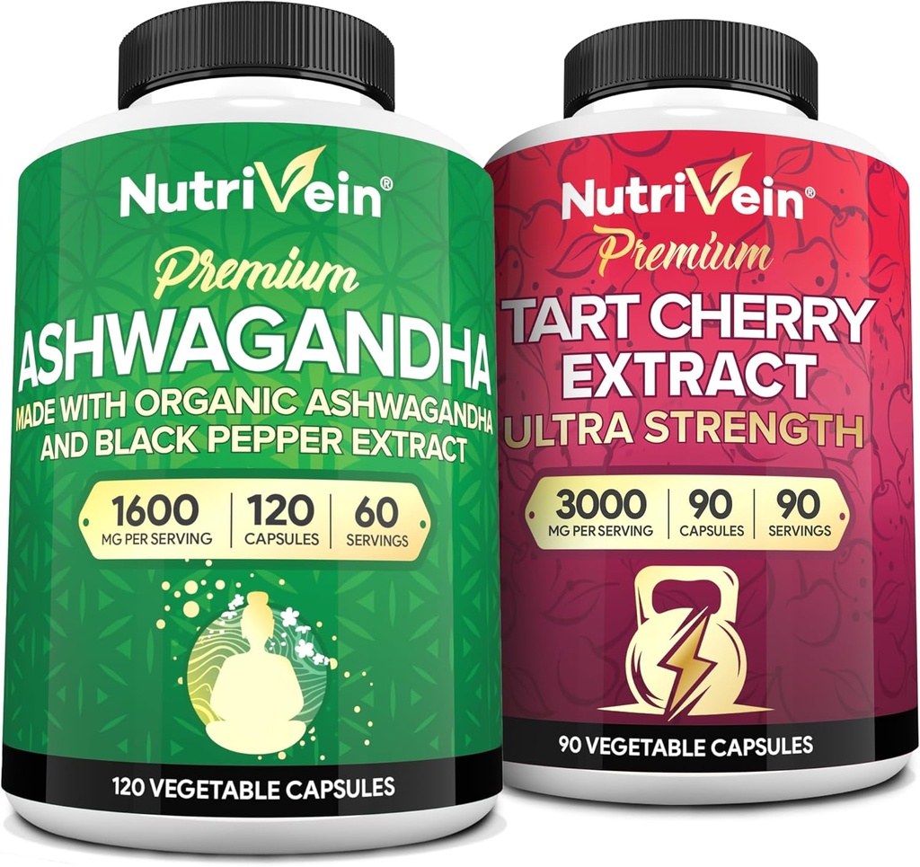 Nutrivein Premium Ashwagandha Capsules & Tart Cherry Capsules Bundle: High-Absorption Tart Cherry Extract and Ashwagandha Supplements for Recovery, Balance, and Vitality 2