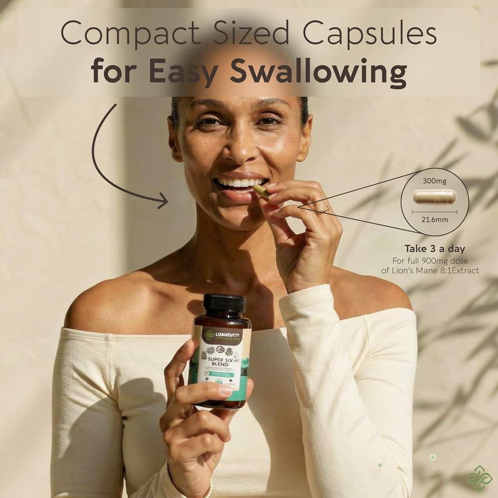 Organic Super Six Mushroom Blend Capsules Supplement (90) | Fruiting Body Extract Complex | Lions Mane, Turkey Tail, Cordyceps, Reishi, Chaga & Tremella | 35% Beta-D Glucans | Overall Wellness Support 6