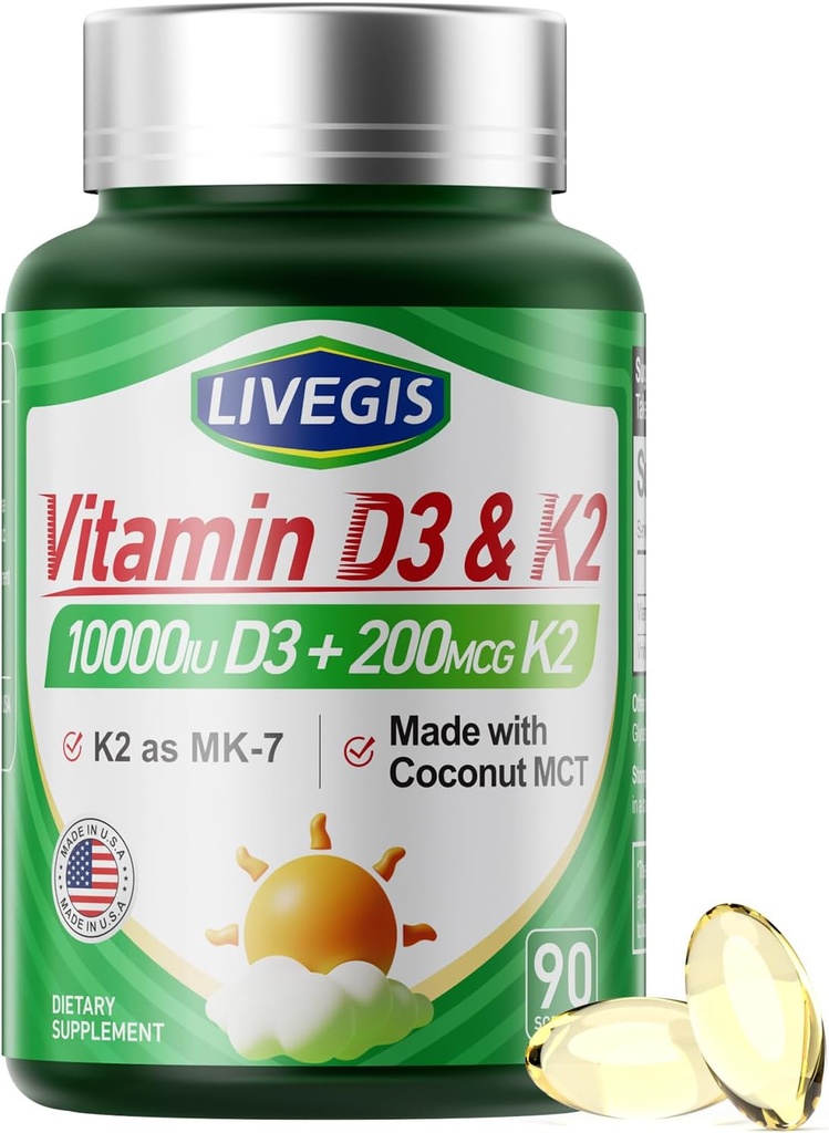 Vitamin D3 K2 Softgels, D3 10000 IU with K2 (MK-7) 200 mcg with Coconut Oil Softgels, Easy to Swallow 2 in 1 Vitamins D & K, Supports Calcium Absorption, Immune and Heart Health - 90 Counts 2