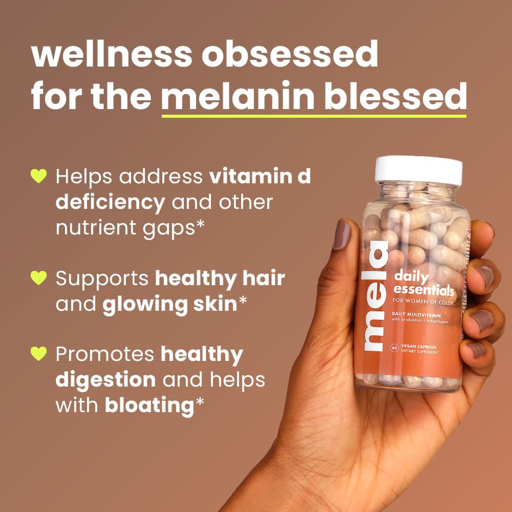 Mela Daily Essentials Multivitamin for Melanated Women - High-Dose Vitamin D3 and B12, Probiotics, Lion's Mane, Ceylon Cinnamon - Vegan, Gluten Free, Non-GMO, 30 Day Supply (60 Capsules) 4